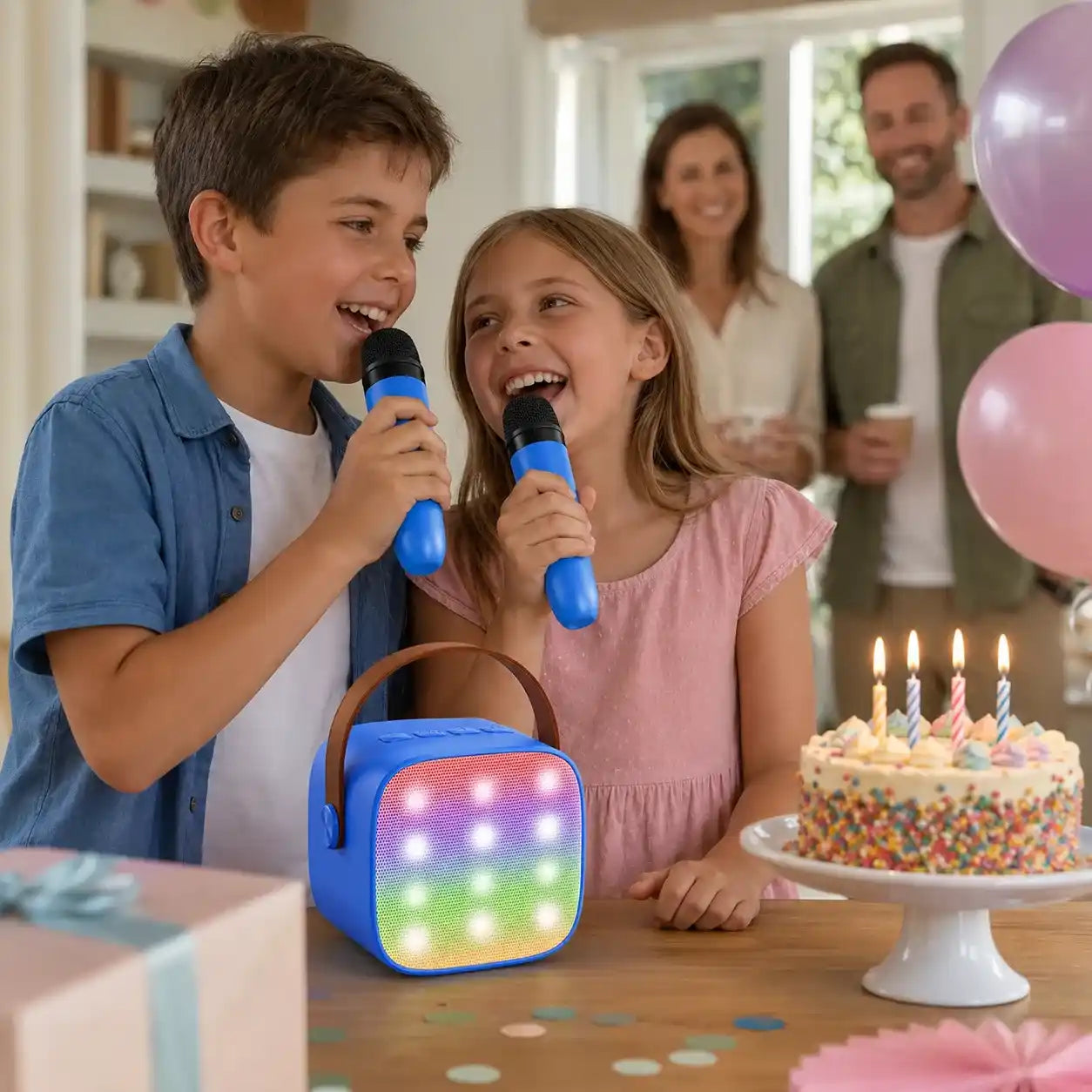 Children singing with a DuetPop karaoke machine