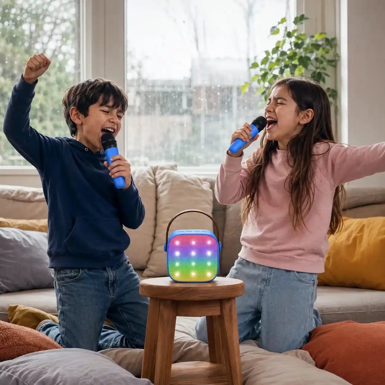 Child singing with the DuetPop Mini karaoke speaker