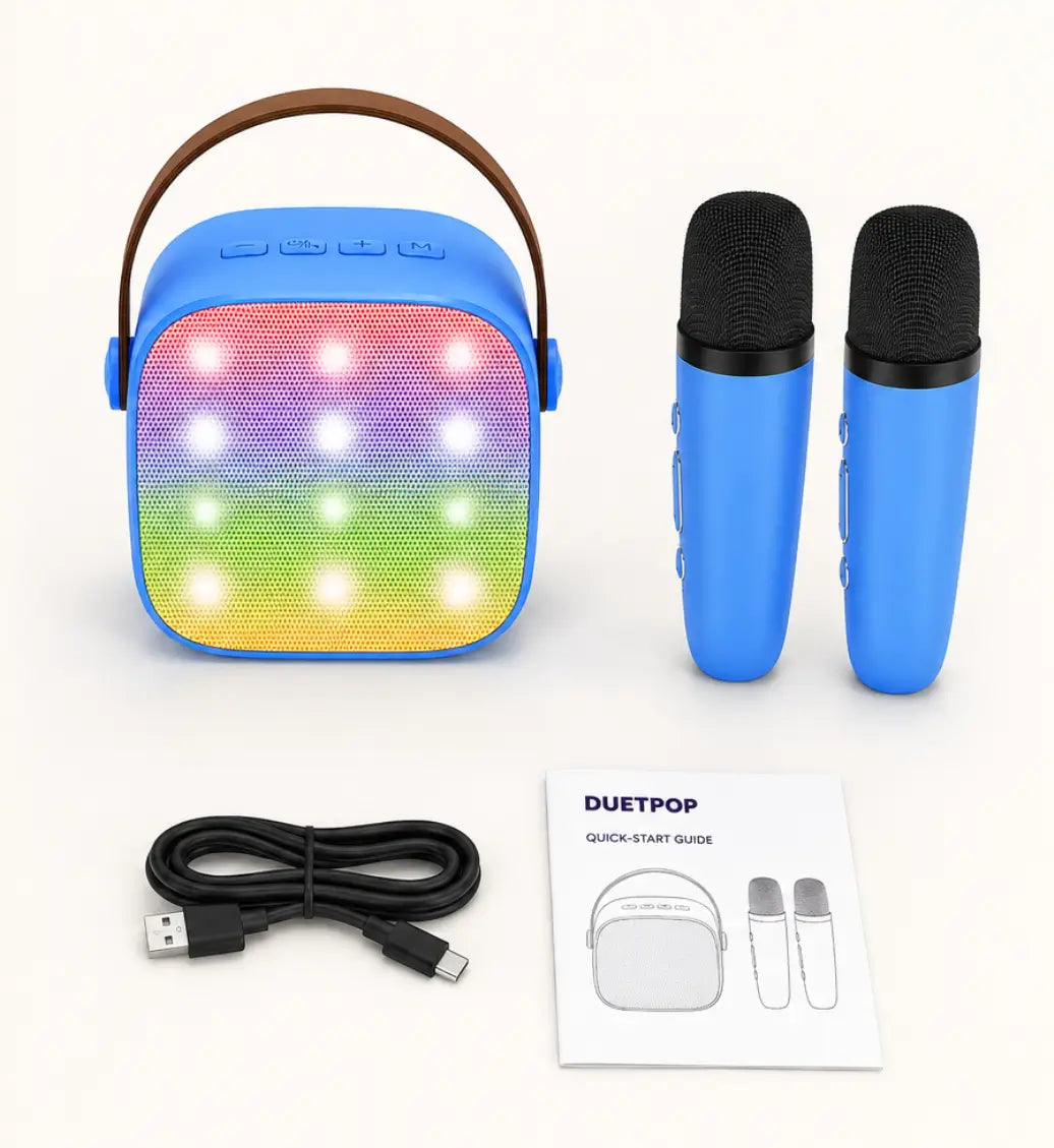 DuetPop Mini speaker, two wireless microphones, USB-C cable and quick-start guide